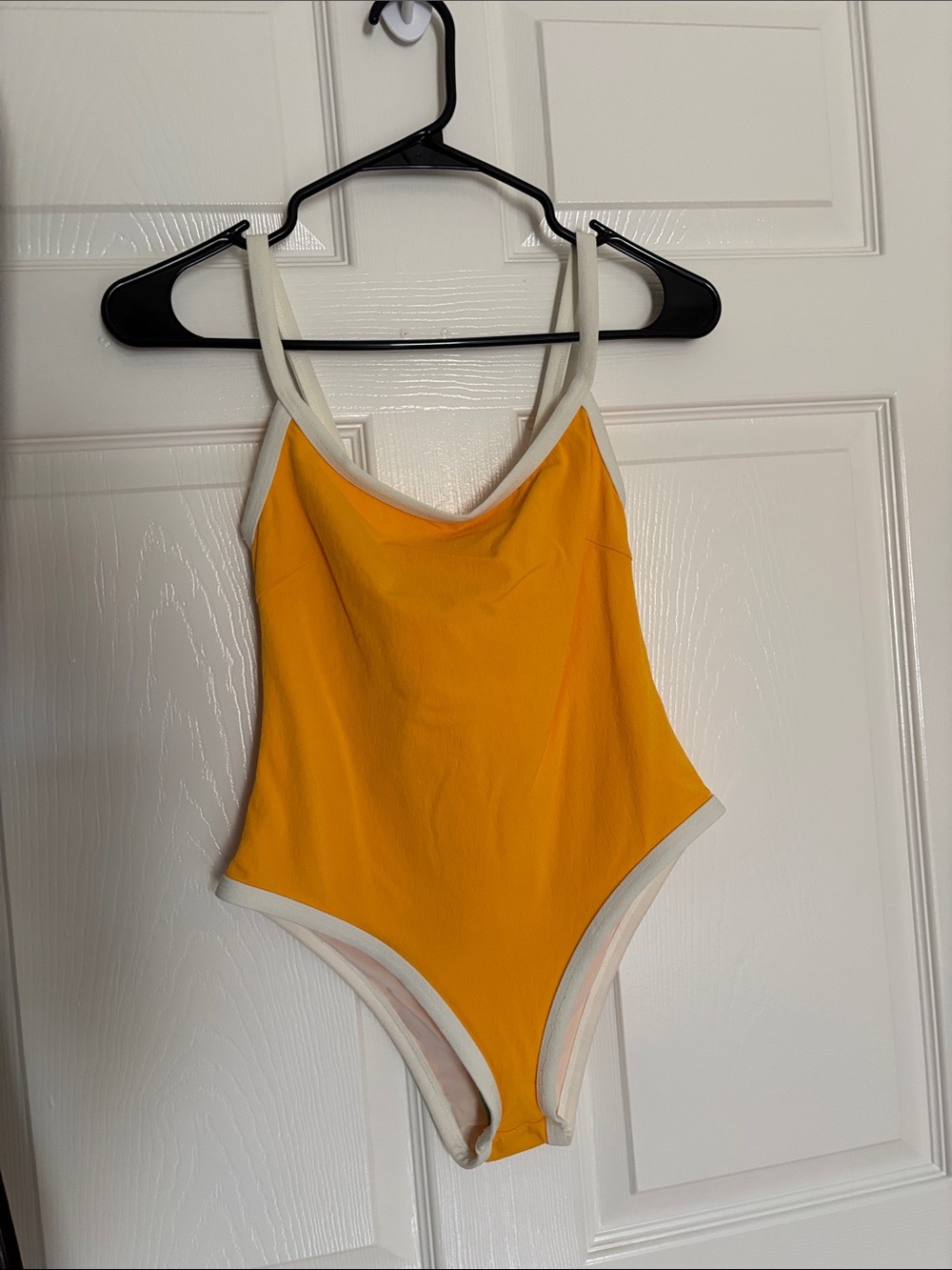 Lisa Marie Fernandez KK Maillot in marigold and cream crepe one piece swimsuit